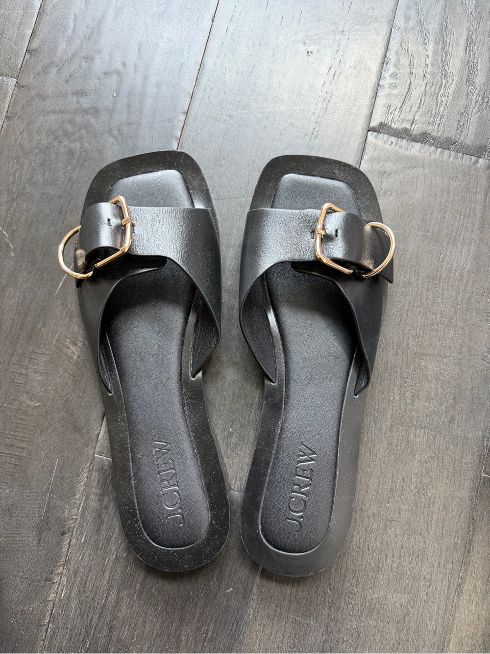 J. Crew Black Slide Sandals with Gold Buckle Accent